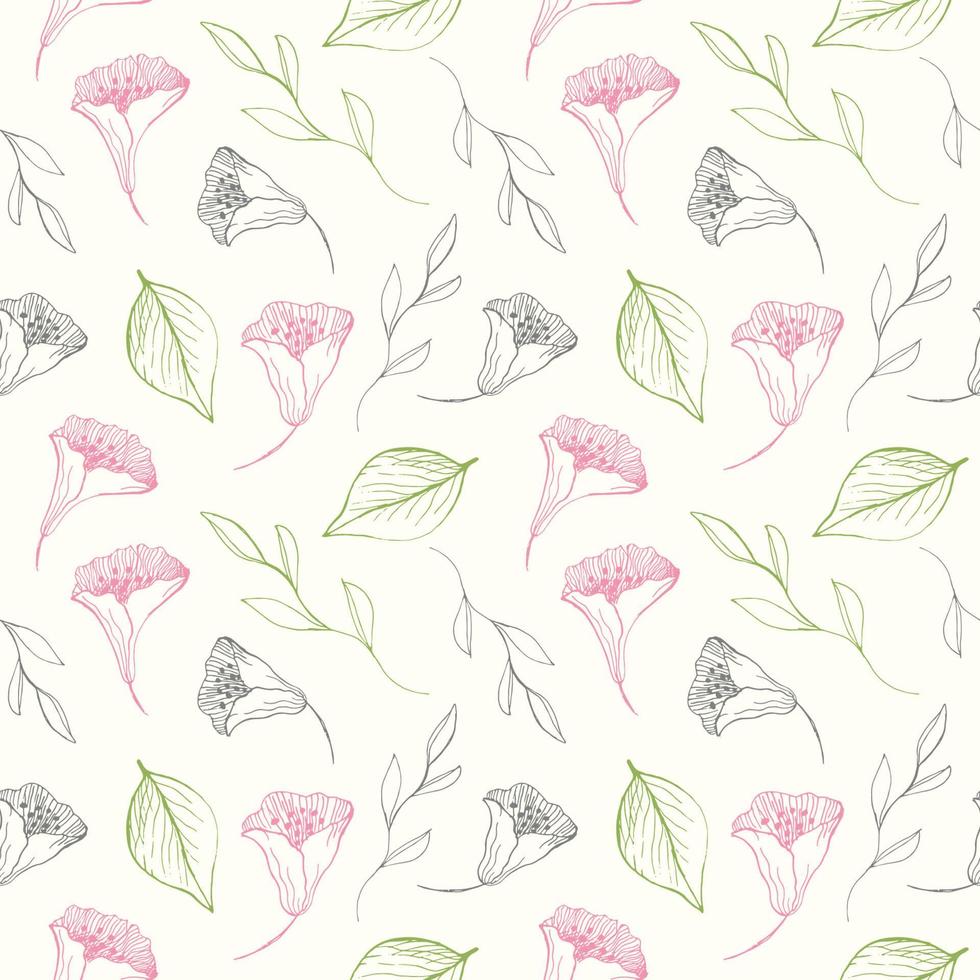 Seamless repeating pattern with flowers on a light background, floral motif. Hand drawn leaves and flowers in a pattern for design, textile, wrapping paper and packaging design vector