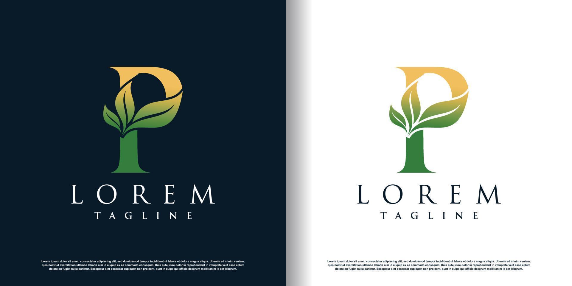 initial p logo design template with leaf icon and creative concept premium vector