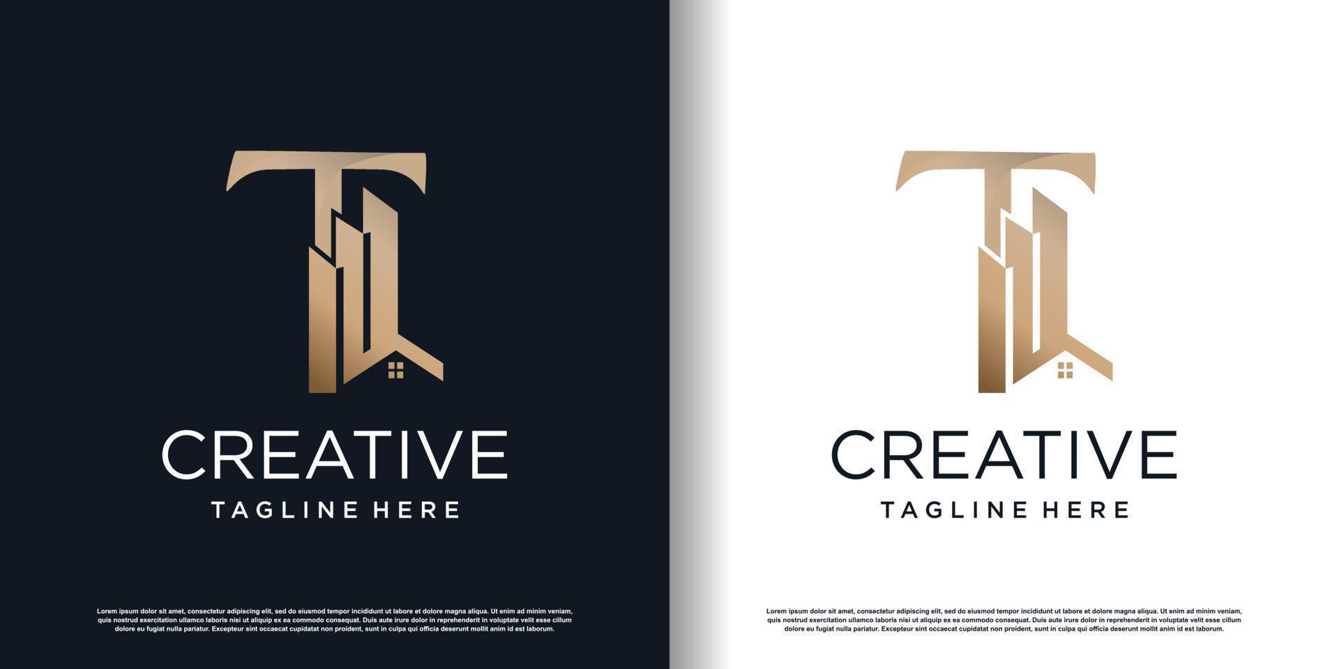 letter t logo design template with building concept premium vector