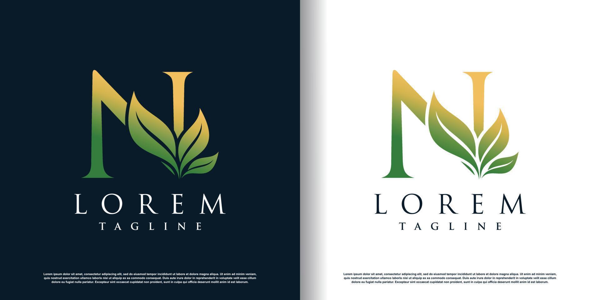 initial n logo design template with leaf icon and creative concept premium vector