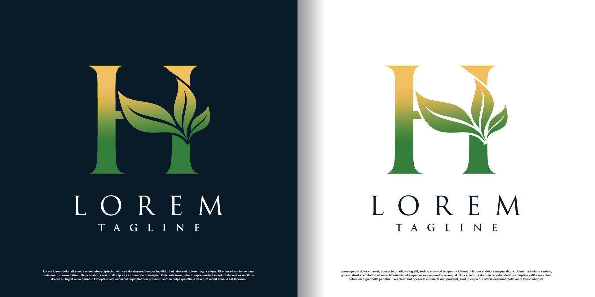 initial h logo design template with leaf icon and creative concept premium vector