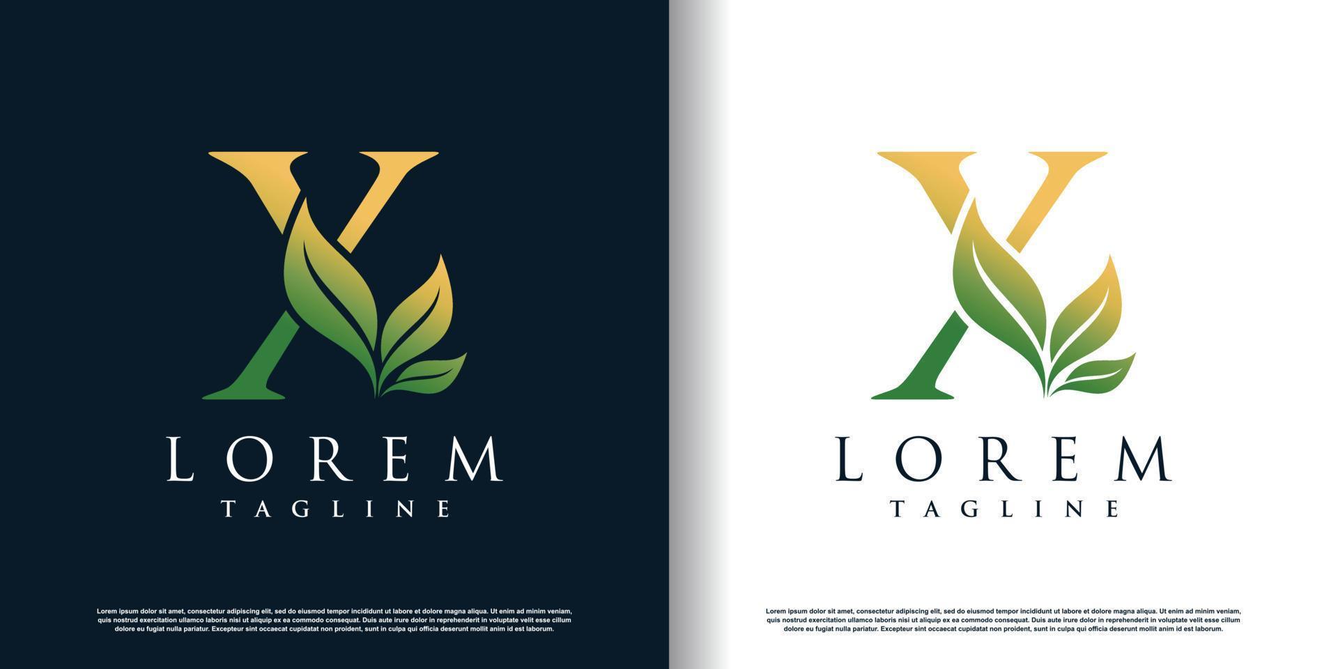 initial x logo design template with leaf icon and creative concept premium vector