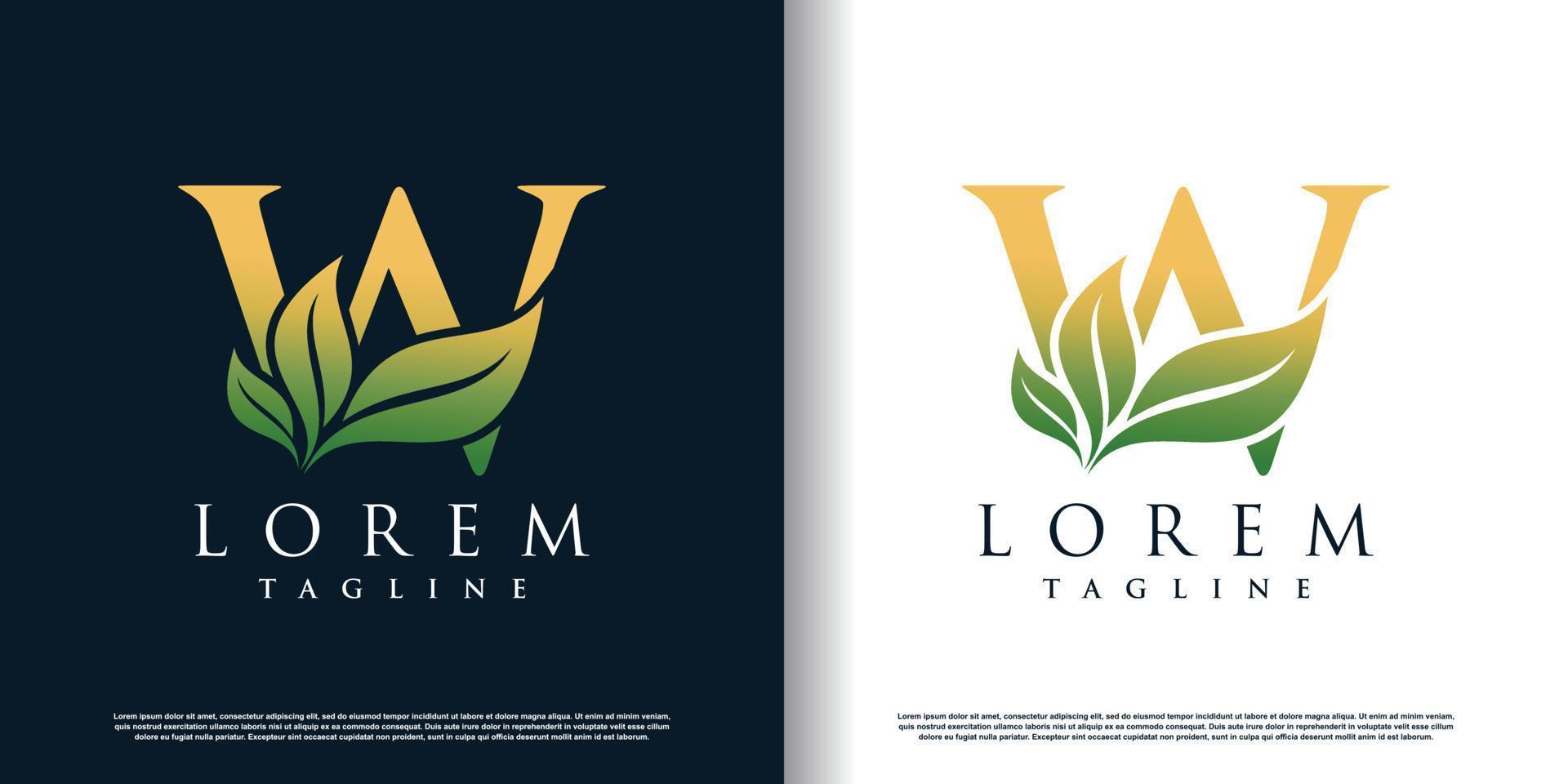 initial w logo design template with leaf icon and creative concept premium vector