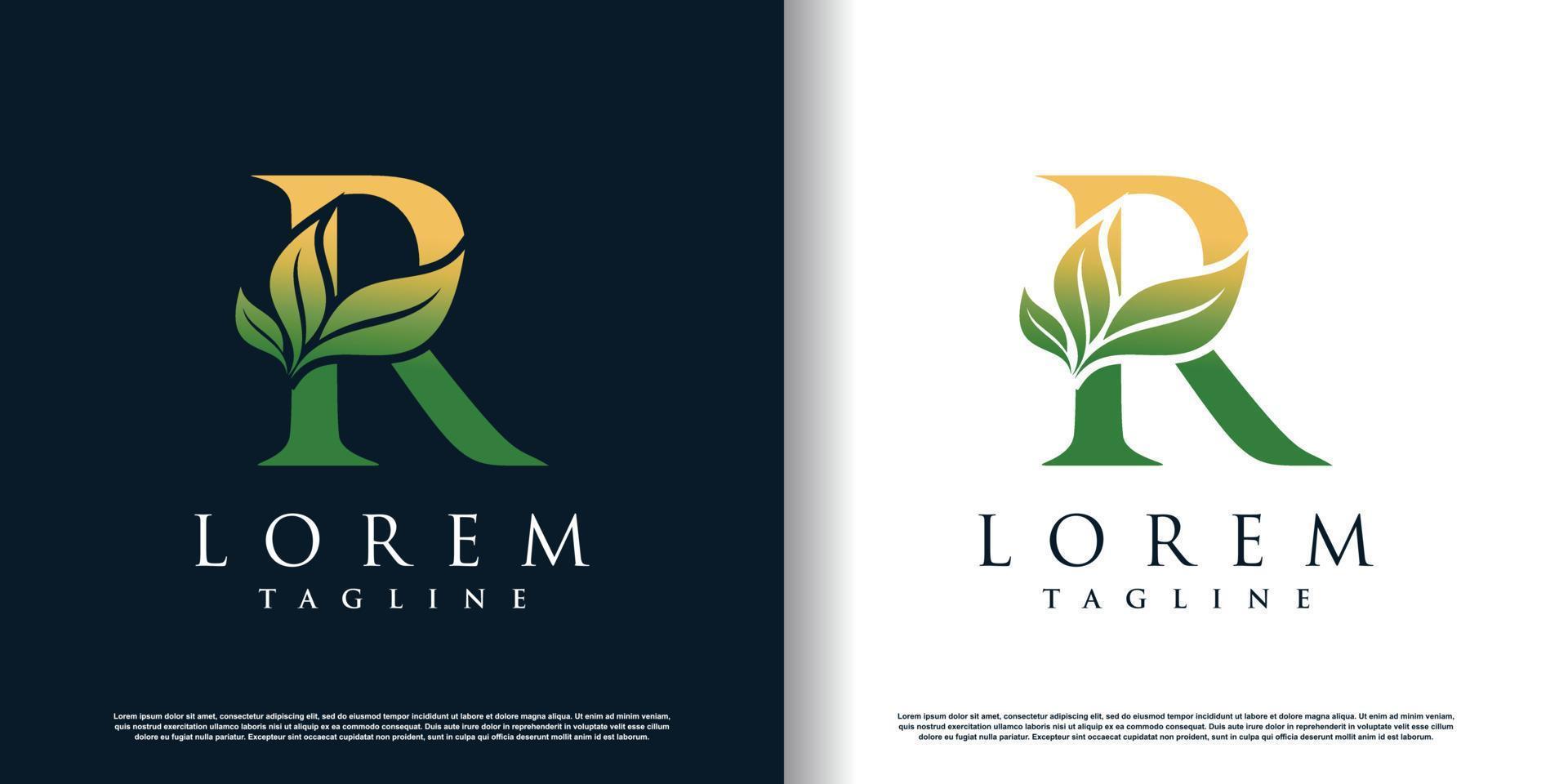 initial r logo design template with leaf icon and creative concept premium vector