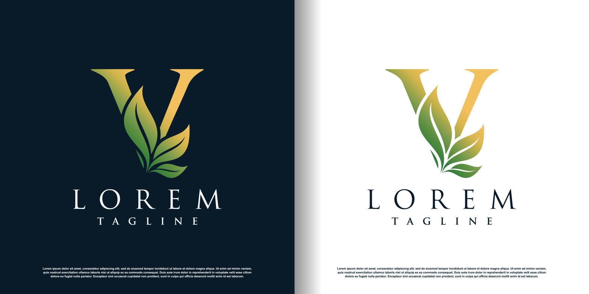 initial v logo design template with leaf icon and creative concept premium vector