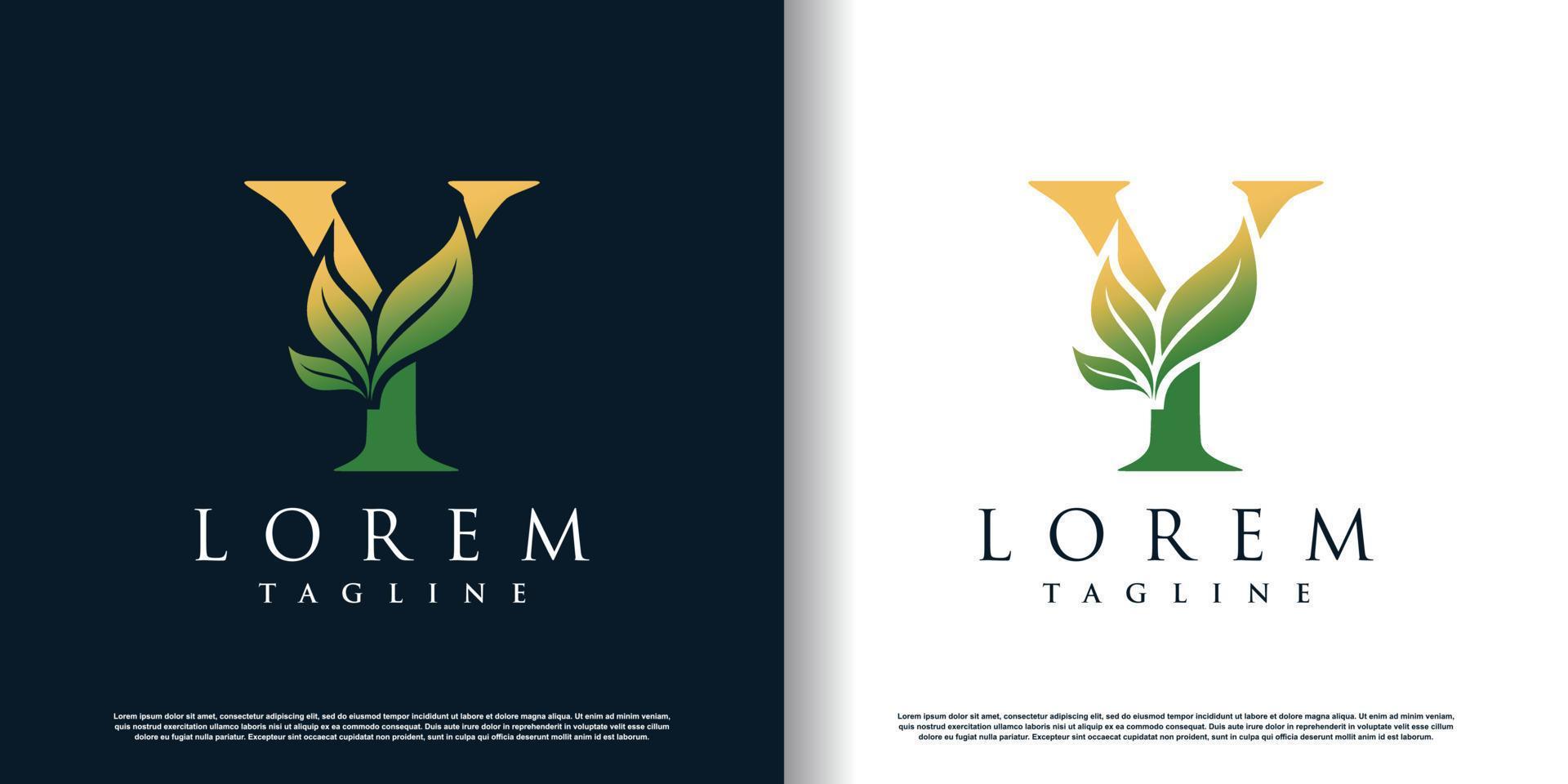 initial y logo design template with leaf icon and creative concept premium vector