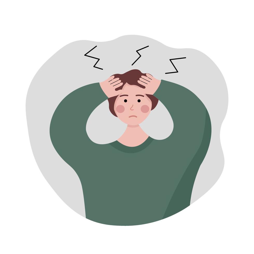 Headache illness expression illustration. Migraine pain man holding his head. Brain cancer issue concept. vector