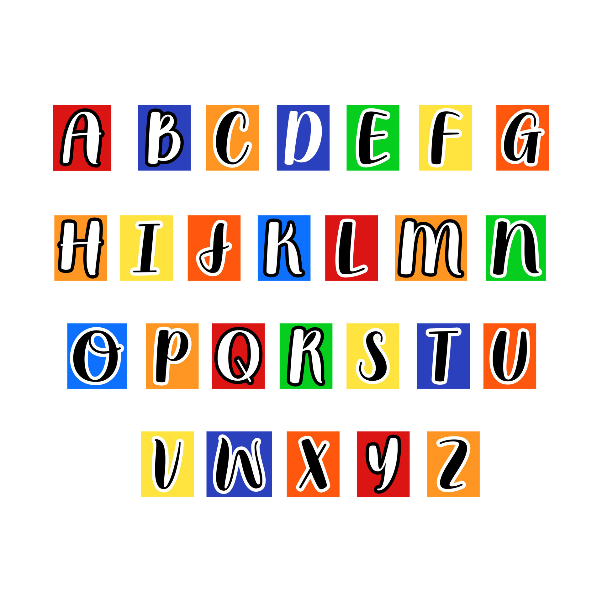 Anonymous colorful y2k alphabet ABC letters. Magazine cut out letters