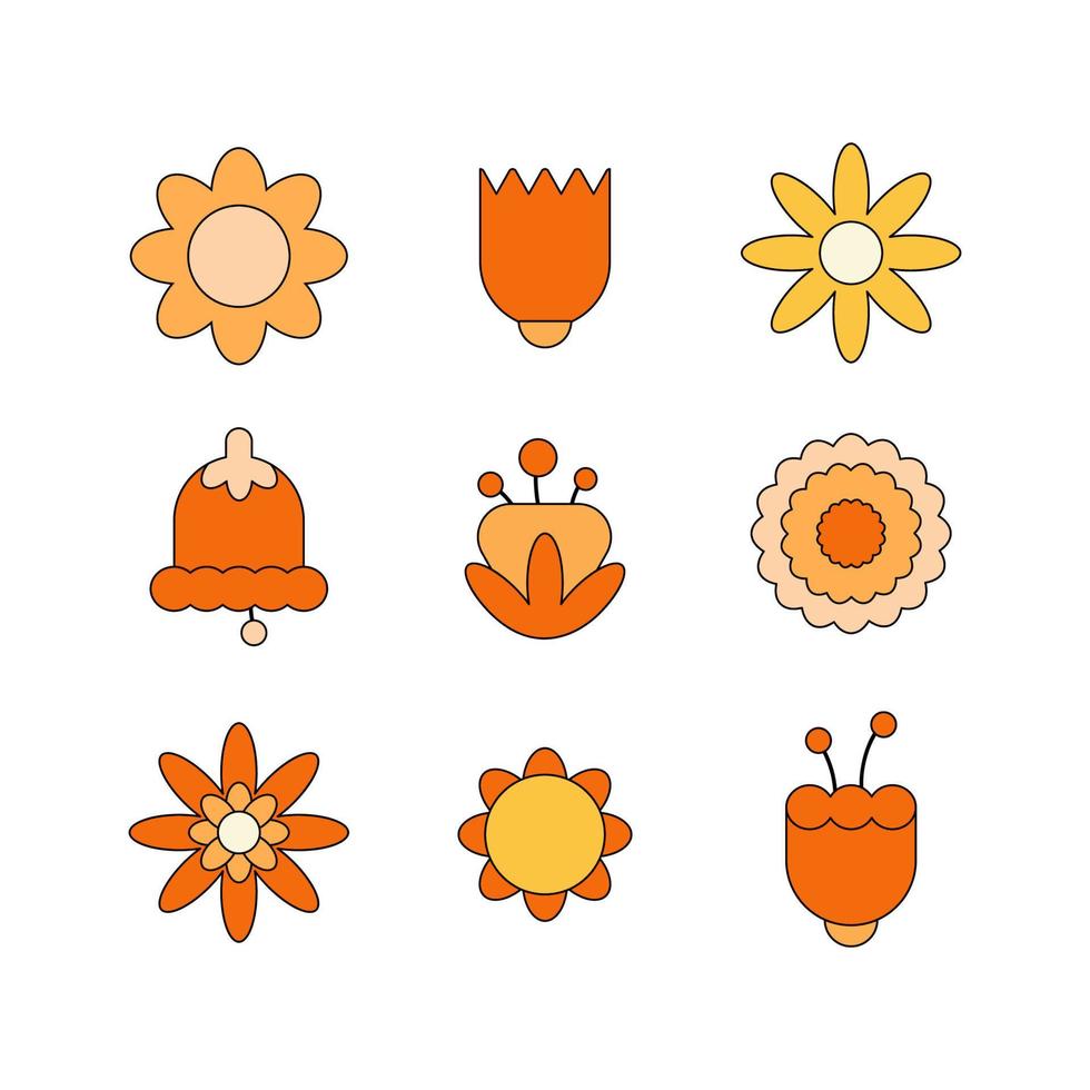 Vector set of minimalistic flowers. Retro vintage style.