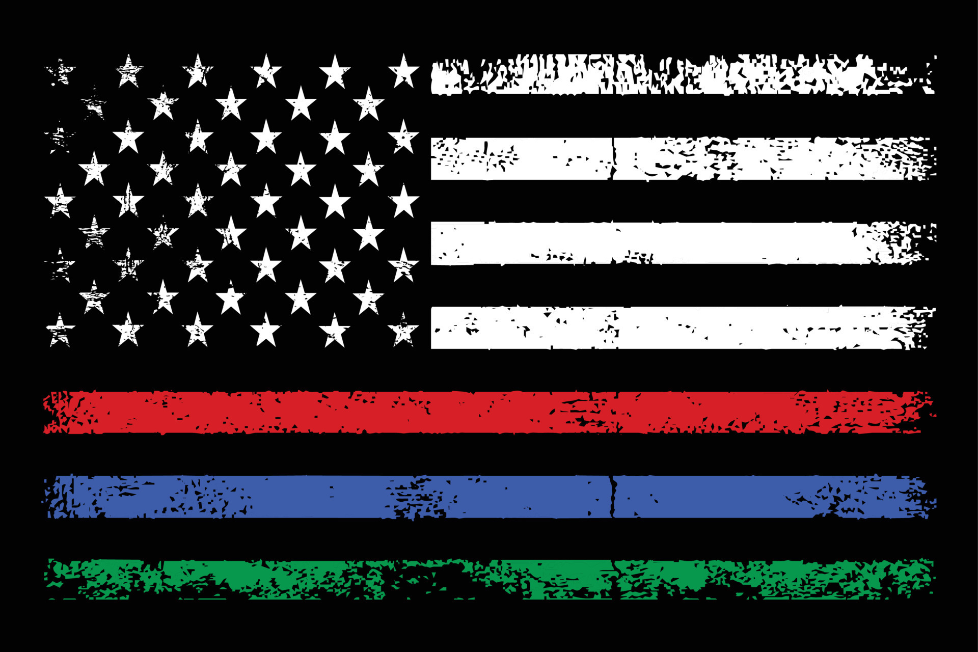 Thin blue, green and red lines in honour of firefighters, law