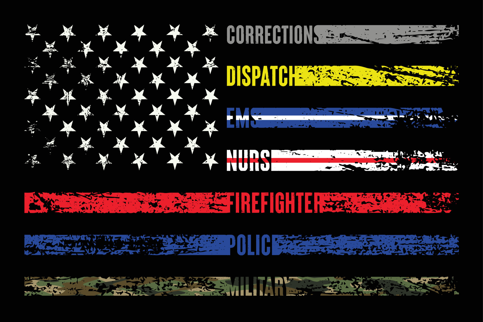 First Responder American Flag With Awareness Colors In Stars And