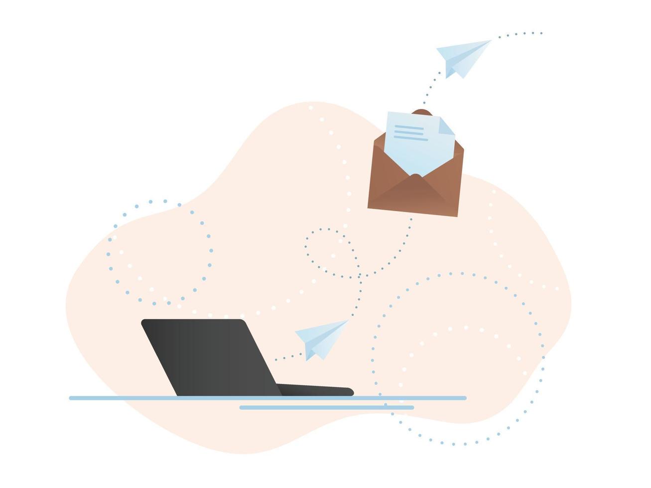 Opened envelope with letter and paper planes flying from the laptop. vector