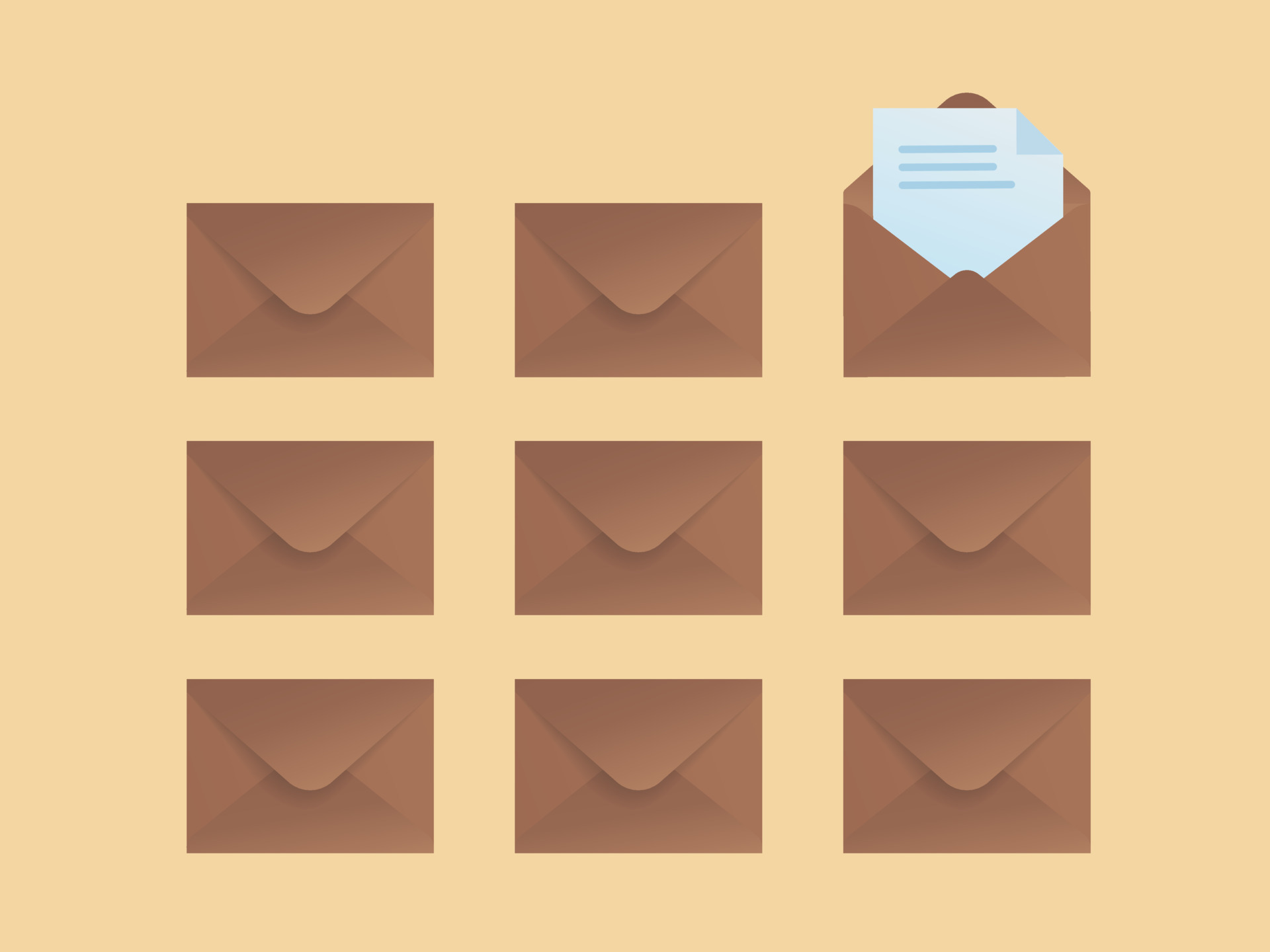 Layout of brown envelopes with one opened envelope and a sheet of paper