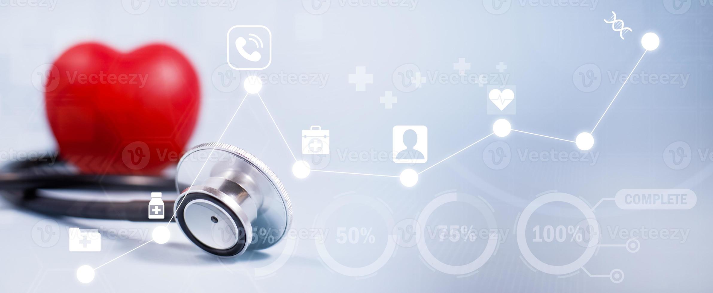 Concept stethoscope and red heart with Health insurance, doctor stethoscope and red heart check heart health care, instrument for checking heart on the white background represents exercise, isolated photo