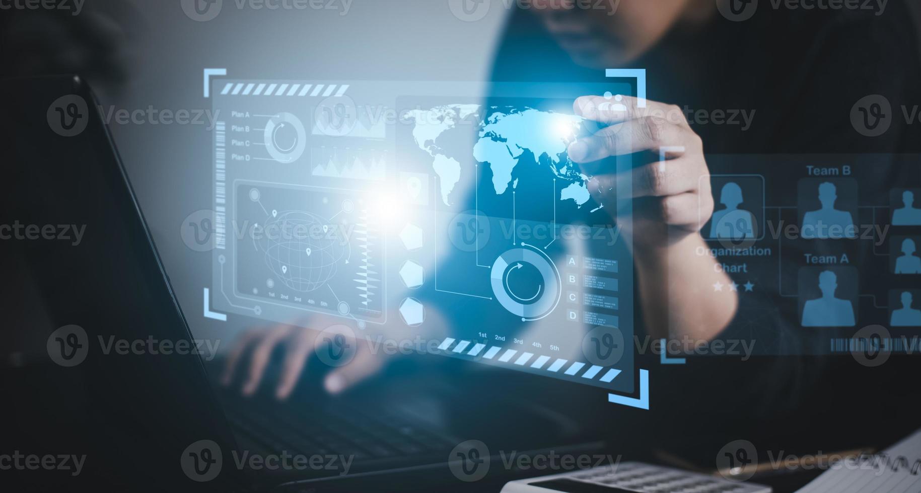 Concept financial transactions online, businessman use laptop with point at financial analyzing data while discussion, planning brand promotion budget, raising company awareness in social media photo