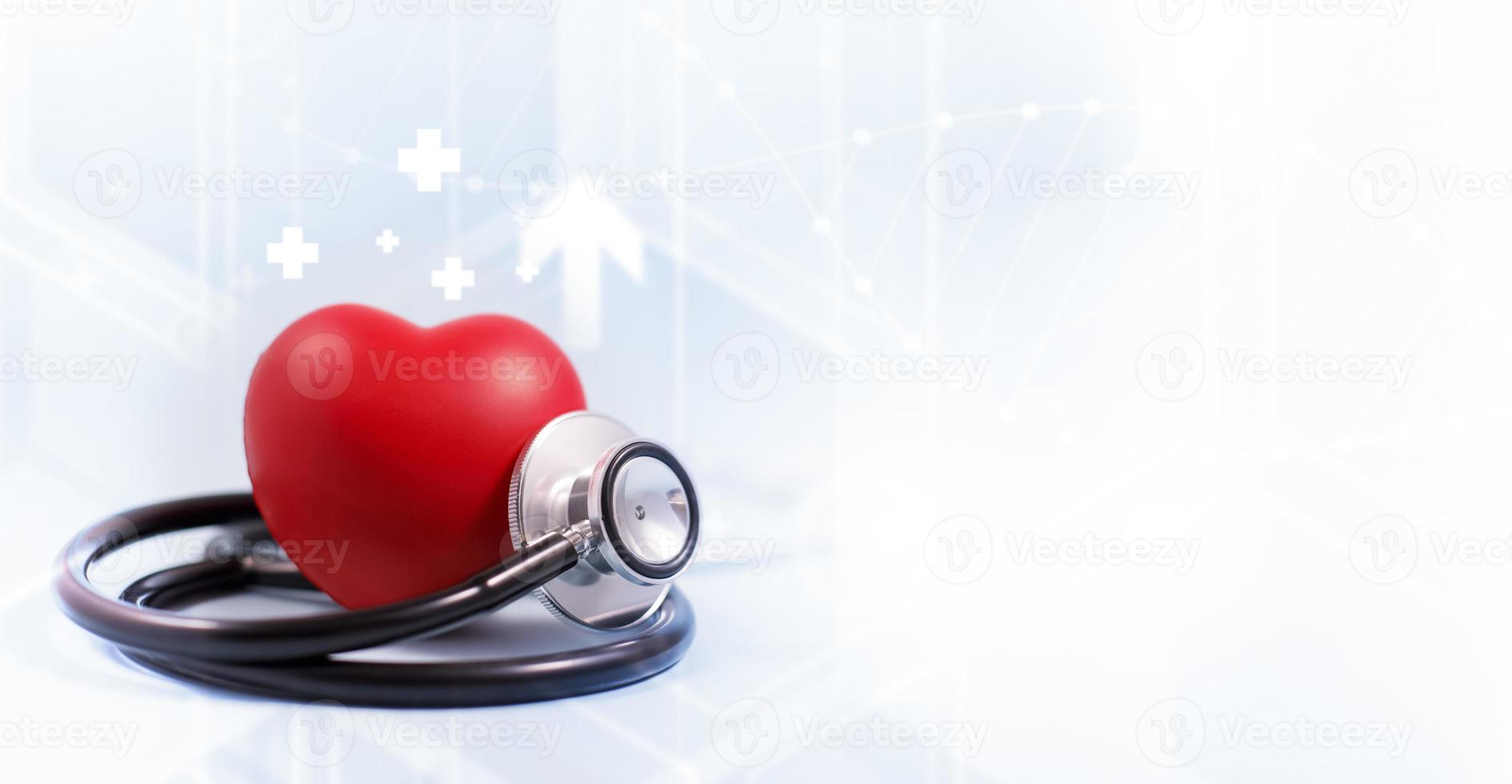 Concept stethoscope and red heart with Health insurance, doctor stethoscope and red heart check heart health care, instrument for checking heart on the white background represents exercise, isolated photo