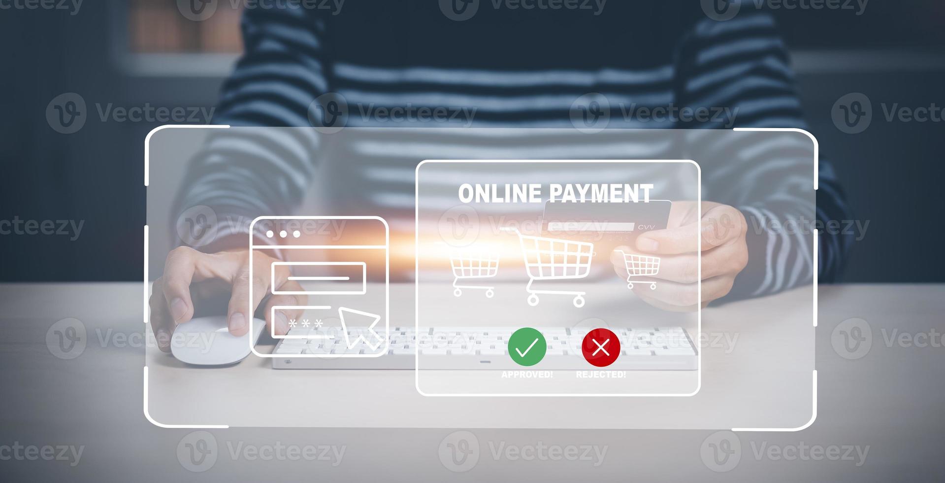 Online payment with digital marketing, Businessman touch banking online bill payment Approved concept button, credit card and network connection icon on business technology virtual screen background photo