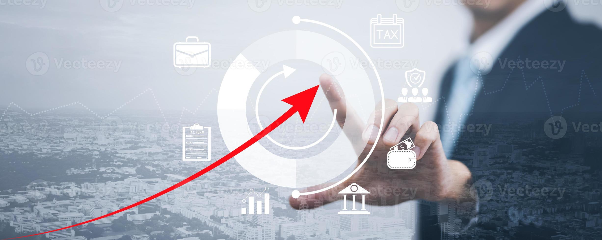 Business losses on the stock market chart concept, Business use pen touch line market chart and Red arrows fall to the ground, indicating the economic recession that will occur in 2023 photo