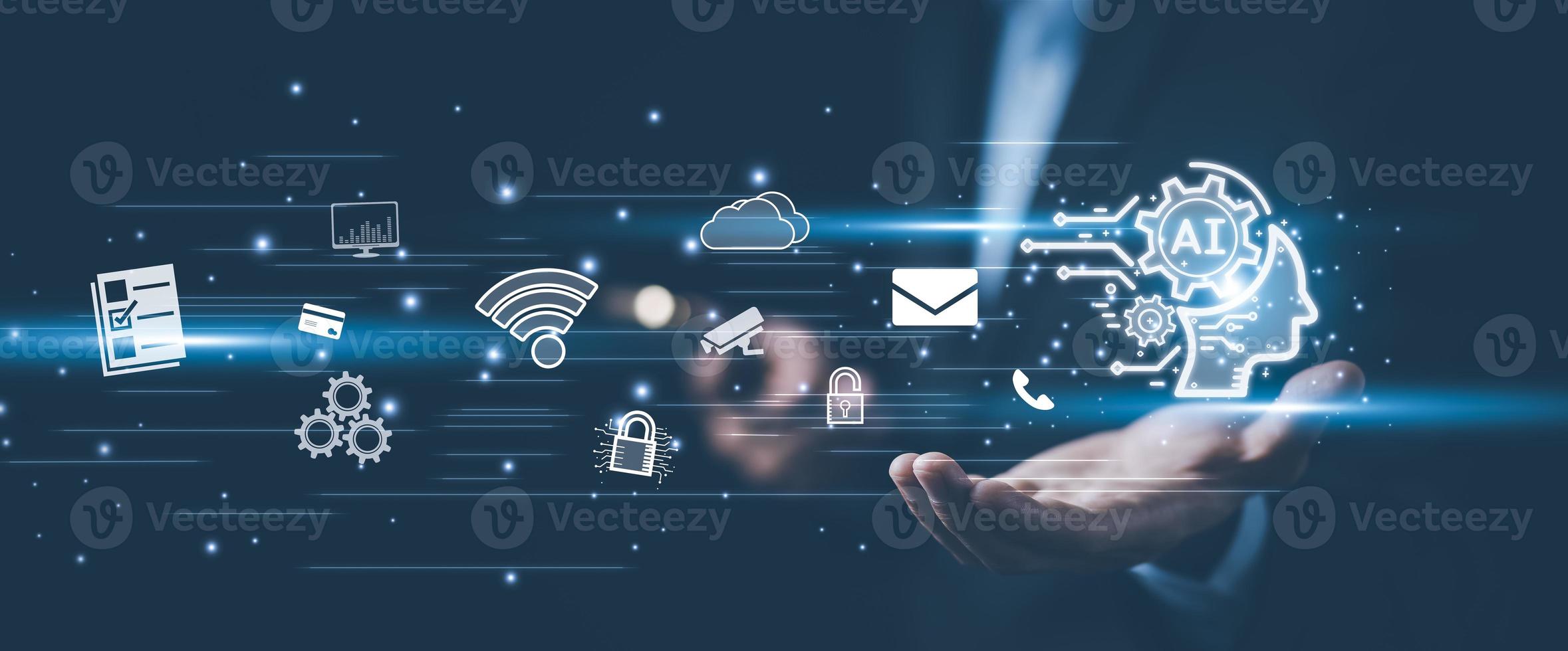 Businessman Hand hold Artificial Intelligence AI,on big data network machine learning and data on the dark background, artificial intelligence technology, innovation and futuristic. photo