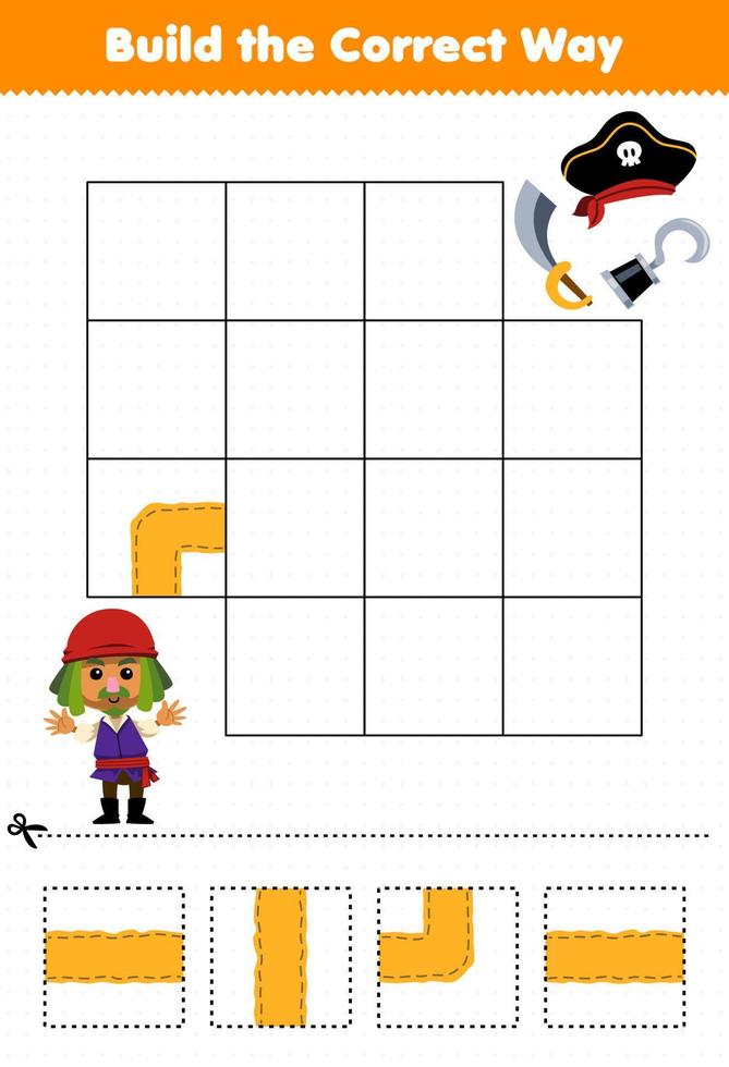 Education game for children build the correct way help cute cartoon man move to sword hat and hook printable pirate worksheet vector