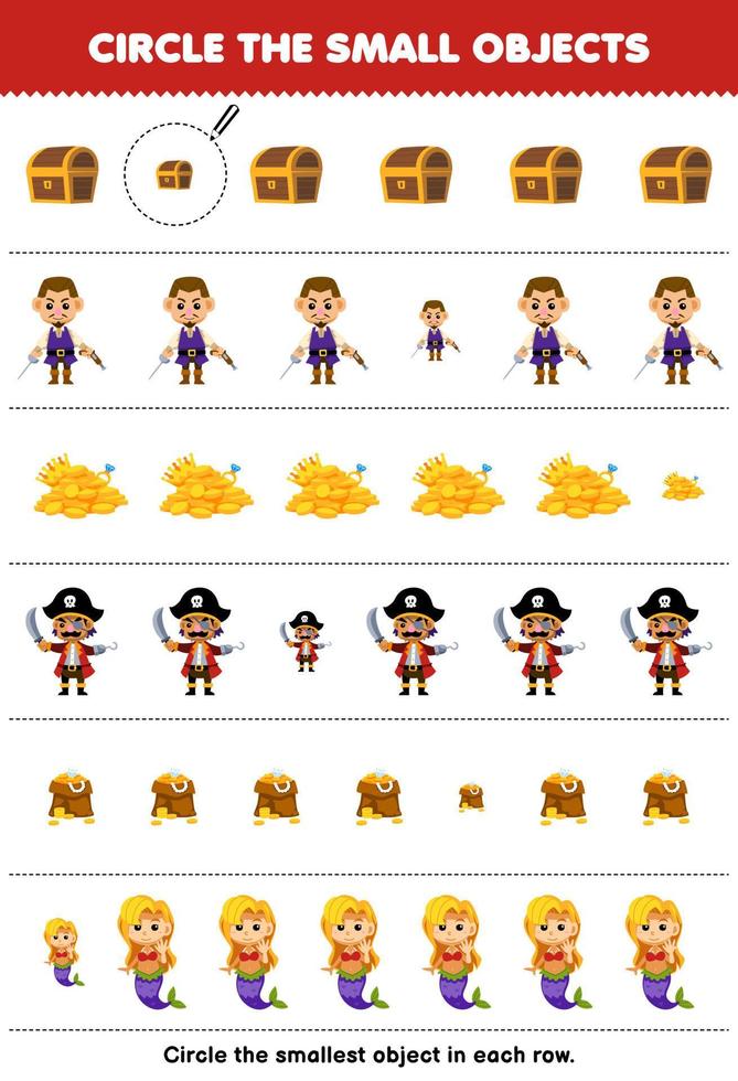 Education game for children circle the smallest object in each row of cute cartoon treasure chest man and mermaid printable pirate worksheet vector