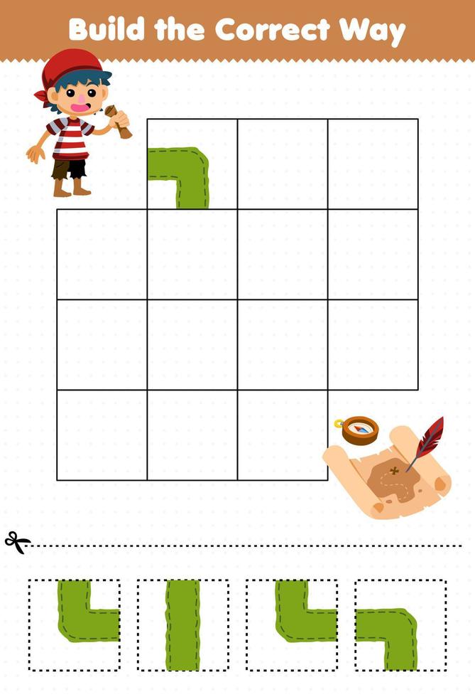 Education game for children build the correct way help cute cartoon boy move to treasure map printable pirate worksheet vector