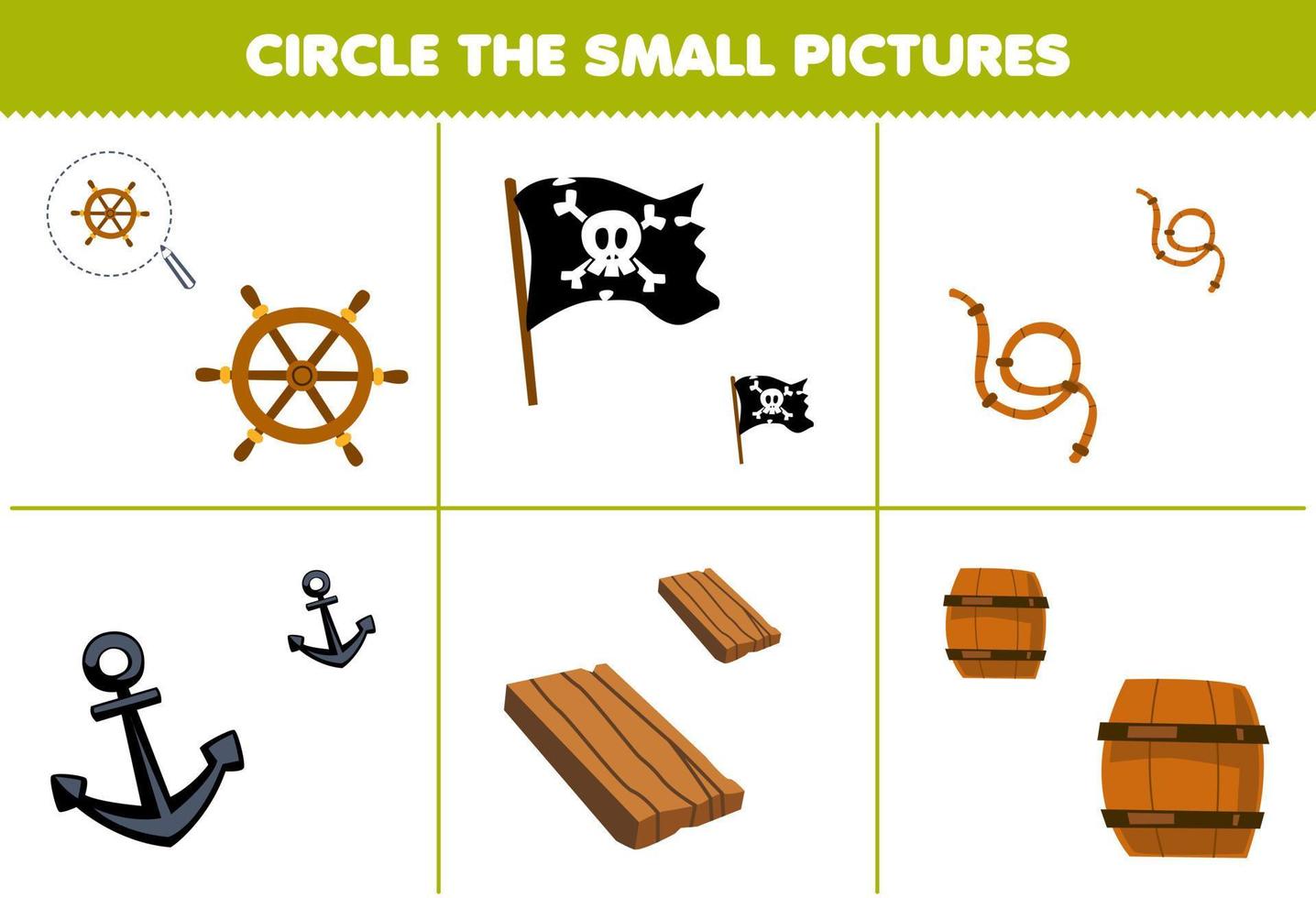 educación juego para niños circulo el pequeño imagen de linda dibujos animados rueda bandera cuerda ancla de madera barril imprimible pirata hoja de cálculo vector