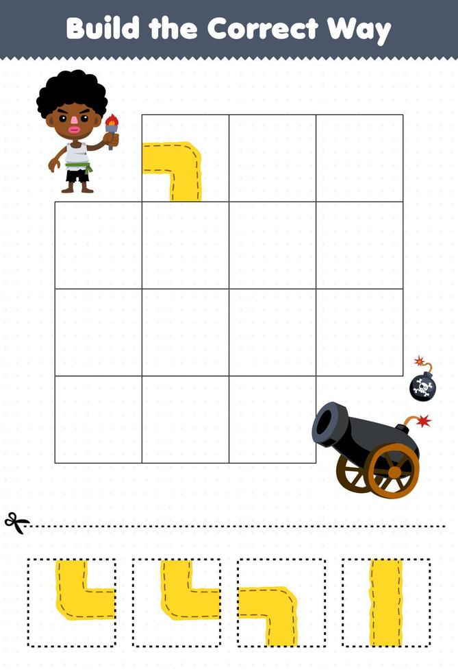 Education game for children build the correct way help cute cartoon boy move to cannon and bomb printable pirate worksheet vector