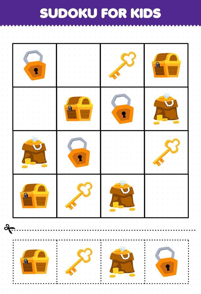 Education game for children sudoku for kids with cute cartoon treasure chest key padlock printable pirate worksheet vector