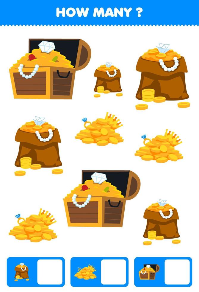 Education game for children searching and counting how many objects of cute cartoon treasure chest gold printable pirate worksheet vector