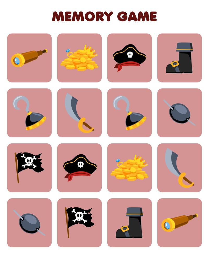 educación juego para niños memoria a encontrar similar imágenes de linda dibujos animados catalejo oro sombrero bota gancho espada ojo parche imprimible pirata hoja de cálculo vector