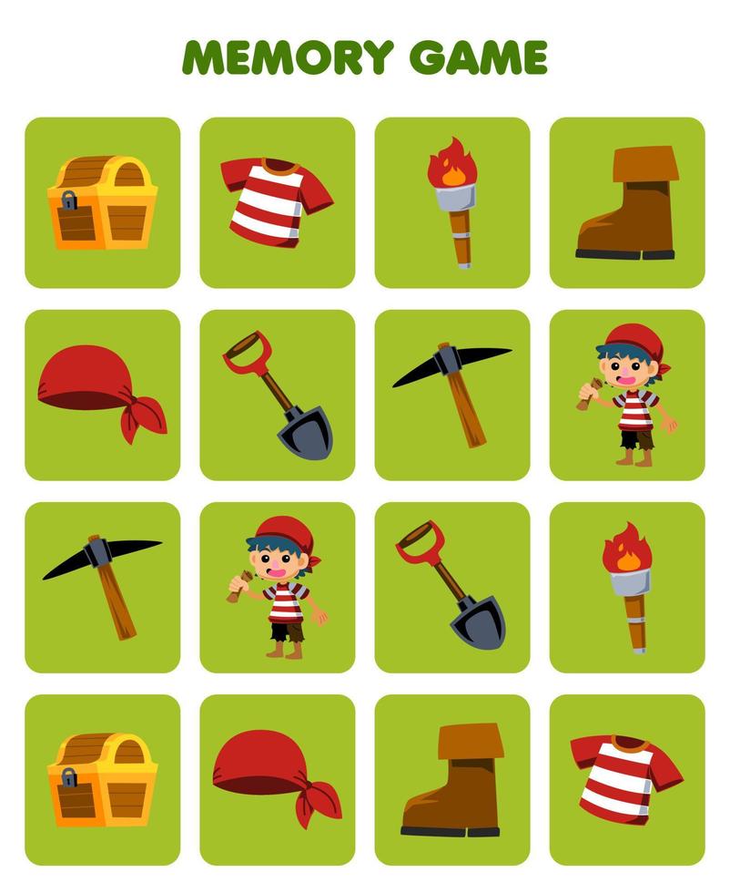 Education game for children memory to find similar pictures of cute cartoon chest t shirt torch boot bandana shovel pickaxe printable pirate worksheet vector