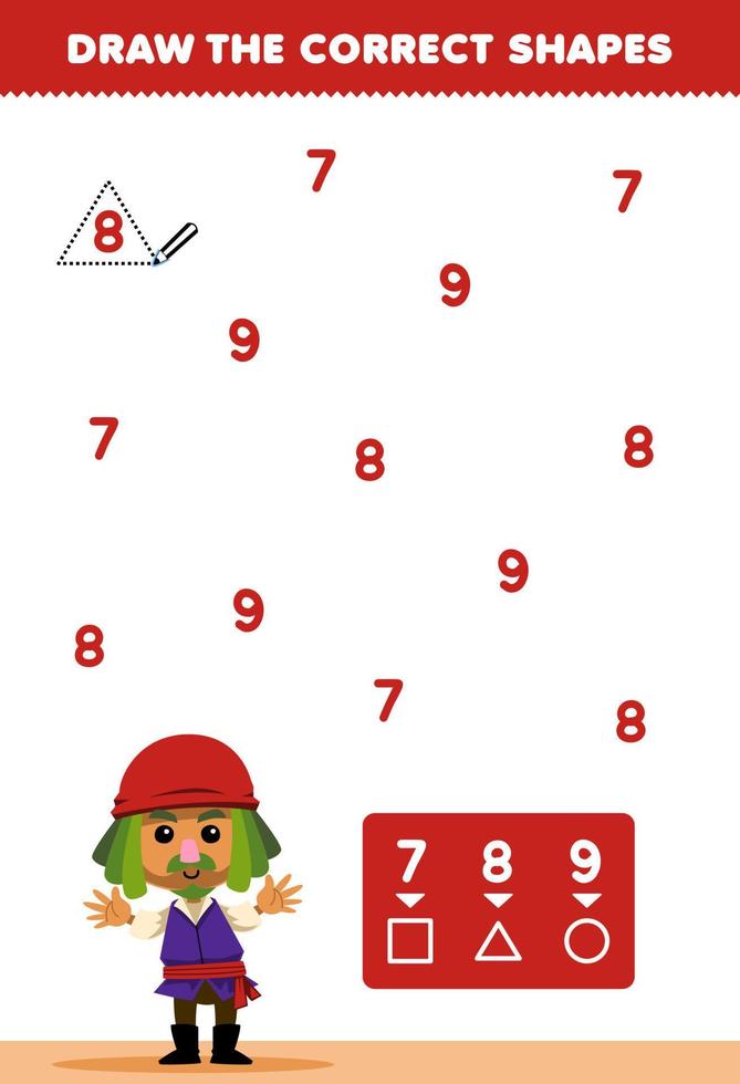 Education game for children help cute cartoon man with bandana draw the correct shapes according to the number printable pirate worksheet vector