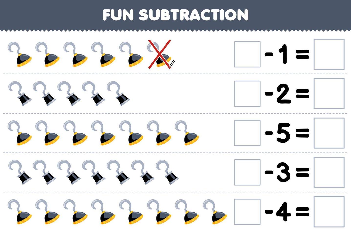 Education game for children fun subtraction by counting cute cartoon hook in each row and eliminating it printable pirate worksheet vector