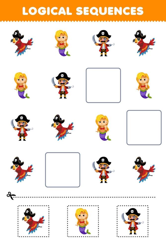 Education game for children logical sequences for kids with cute cartoon parrot mermaid and pirate captain printable pirate worksheet vector