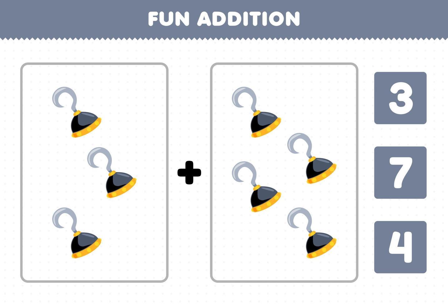 Education game for children fun addition by count and choose the correct answer of cute cartoon hook printable pirate worksheet vector