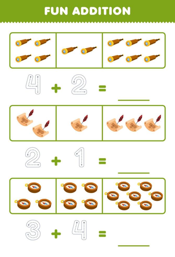 Education game for children fun addition by counting and tracing the number of cute cartoon spyglass treasure map and compass printable pirate worksheet vector