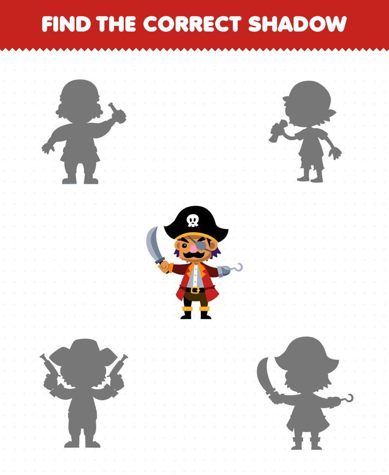 Education game for children find the correct shadow set of cute cartoon captain character printable pirate worksheet vector