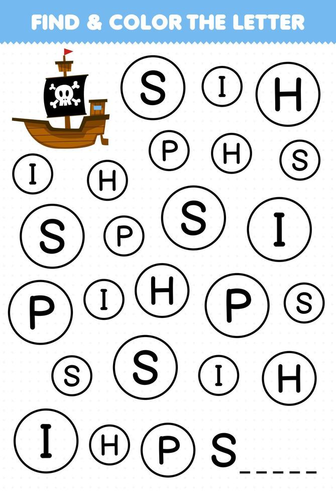 Education game for children find and color letter S for ship printable pirate worksheet vector