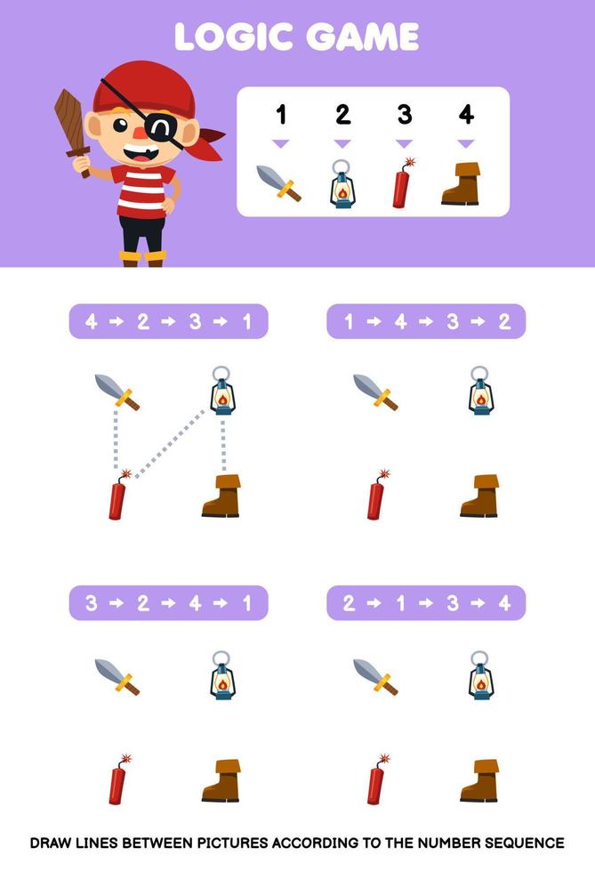 Education game for children draw lines according to the number sequences of cartoon sword lantern dynamite boot picture printable pirate worksheet vector