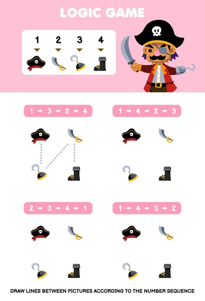 Education game for children draw lines according to the number sequences of cartoon hat sword hook boot picture printable pirate worksheet vector