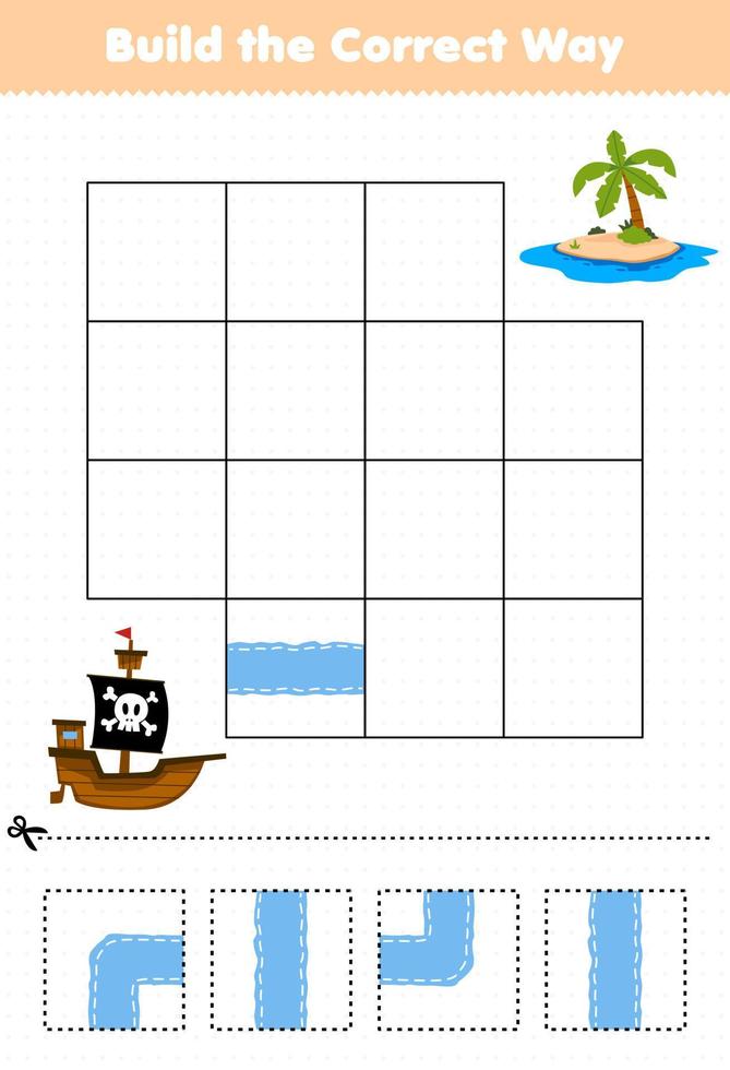 Education game for children build the correct way help cute cartoon ship move to island printable pirate worksheet vector