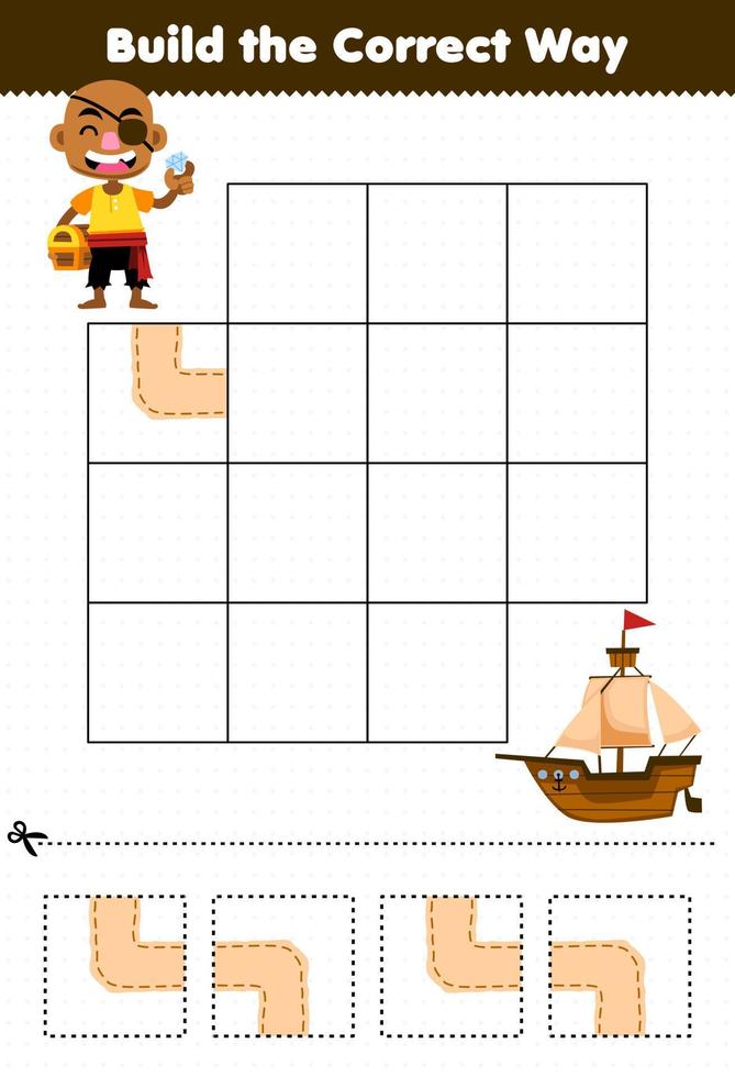 Education game for children build the correct way help cute cartoon bald man move to ship printable pirate worksheet vector