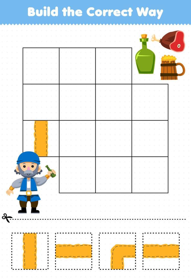 Education game for children build the correct way help cute cartoon old man move to bottle mug and meat printable pirate worksheet vector