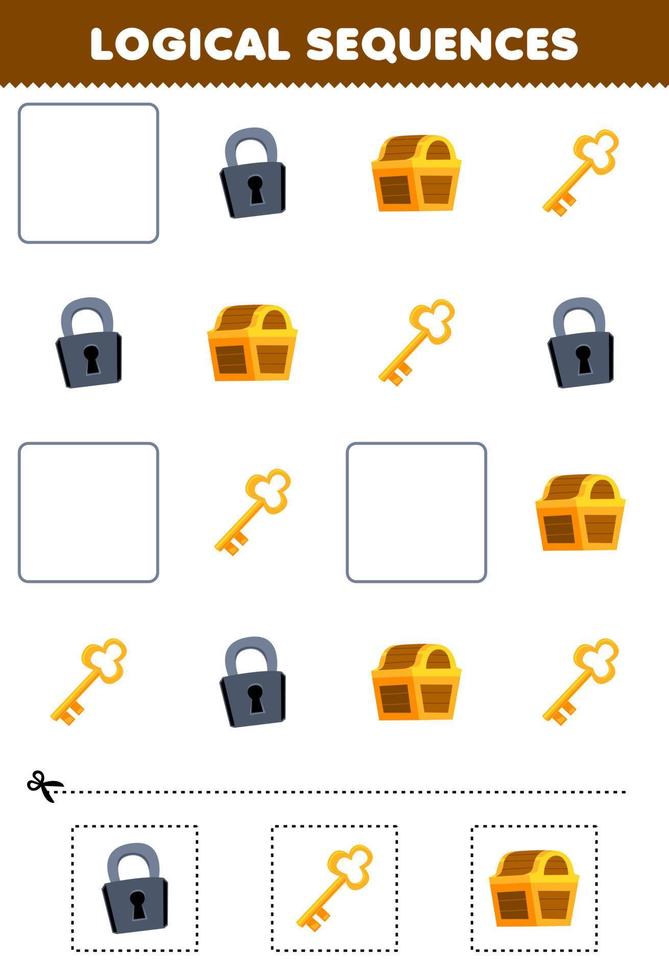 Education game for children logical sequences for kids with cute cartoon padlock key and treasure chest printable pirate worksheet vector