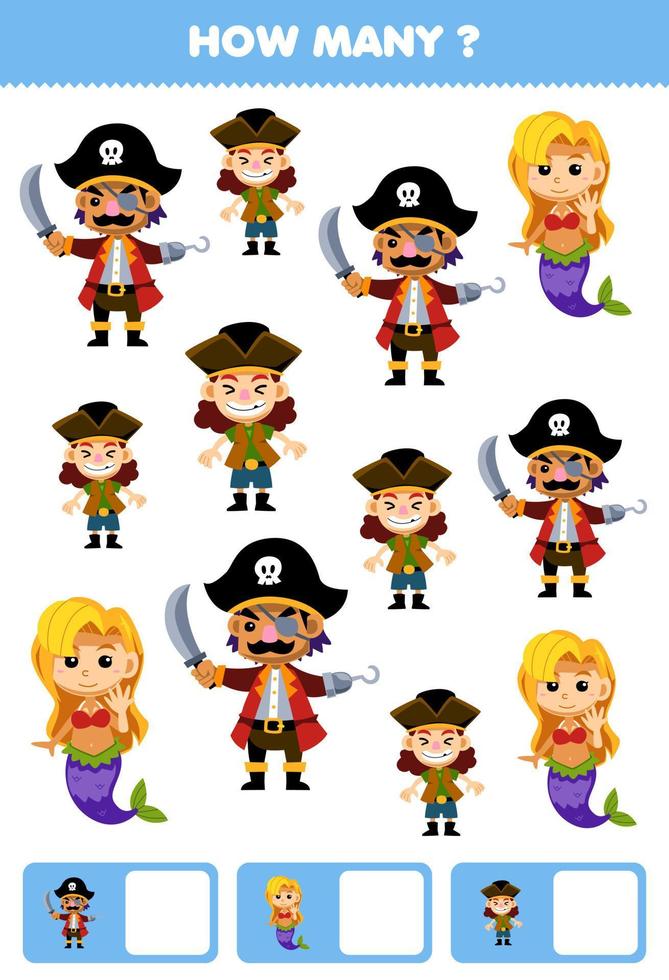 Education game for children searching and counting how many objects of cute cartoon man mermaid and boy printable pirate worksheet vector