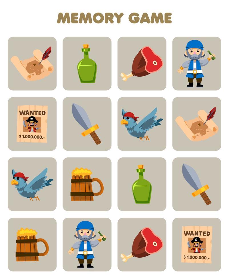 Education game for children memory to find similar pictures of cute cartoon map bottle meat poster sword bird mug printable pirate worksheet vector