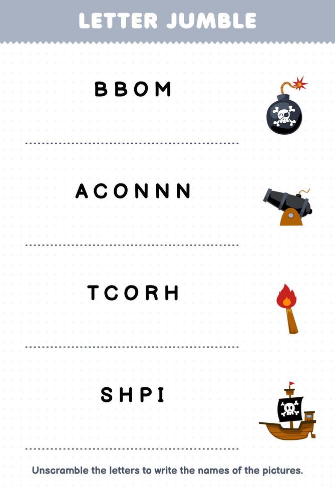 Education game for children letter jumble write the correct name for cute cartoon boom cannon torch ship printable pirate worksheet vector