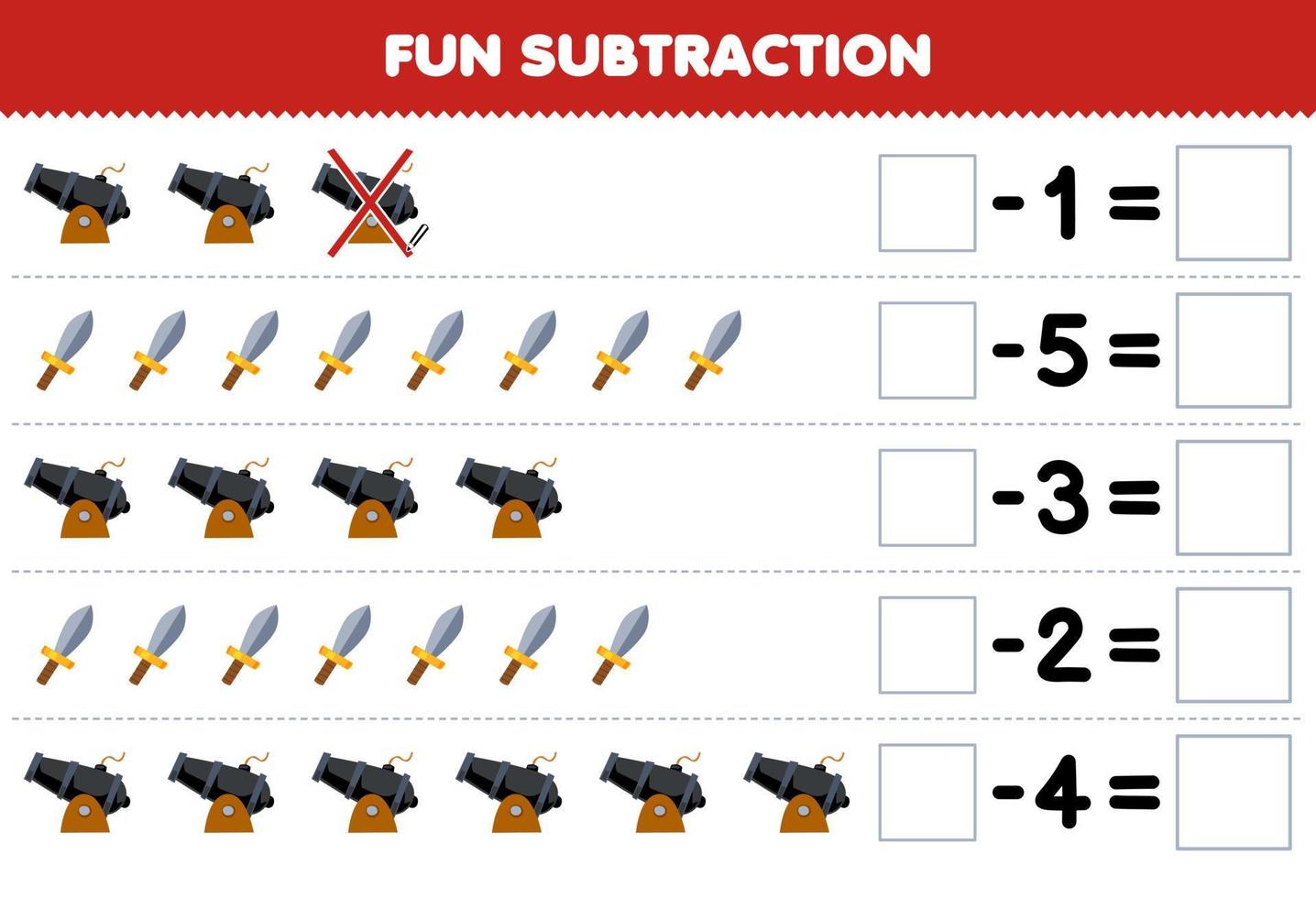 Education game for children fun subtraction by counting cute cartoon cannon and sword in each row and eliminating it printable pirate worksheet vector