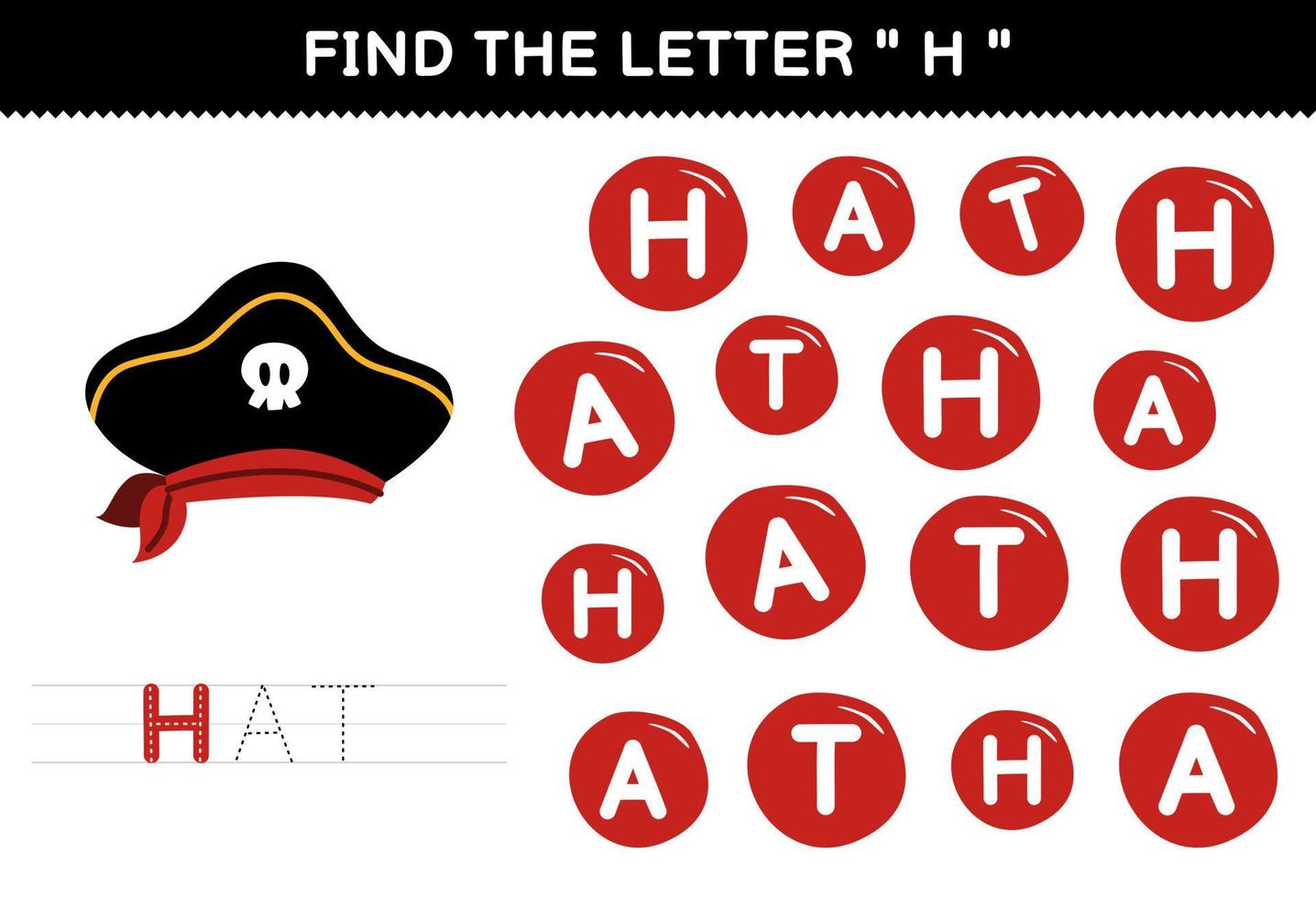 Education game for children find the letter H with cute cartoon hat printable pirate worksheet vector